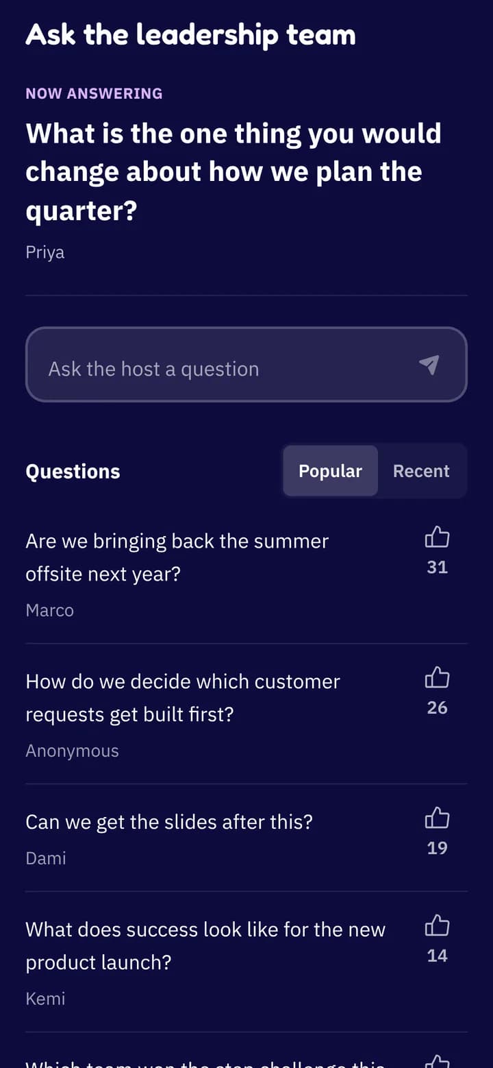 Live Q&A on a guest's phone: the question being answered now at the top, a box to ask the host a question, and the audience's questions sorted by votes