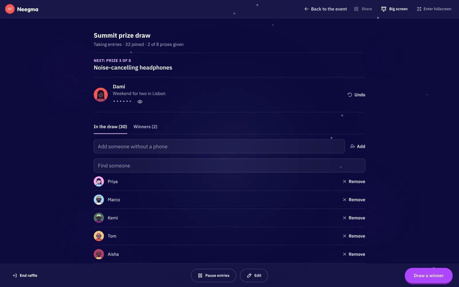 The host's raffle console: the next prize, the latest winner with Undo, a field to add someone without a phone, and a Draw a winner button